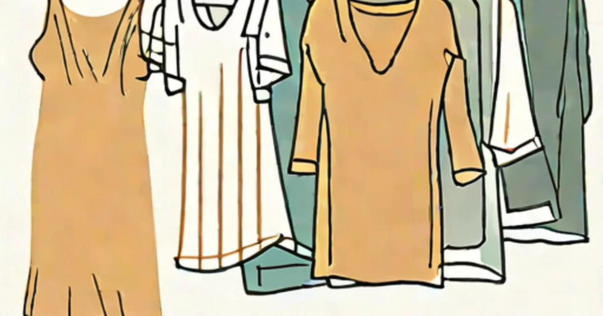 Clothes in yellow, tan, and teal tones hanging on a display rack