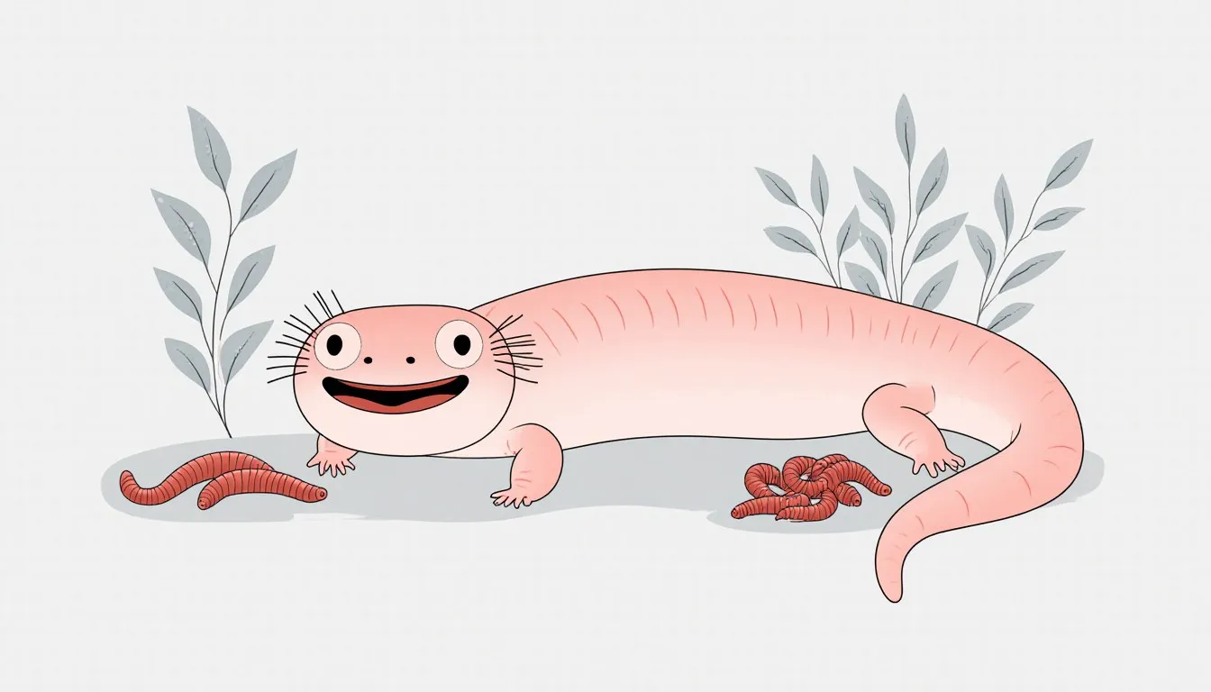 Illustration of a pink axolotl with feathery gills beside earthworms and bloodworms, its food