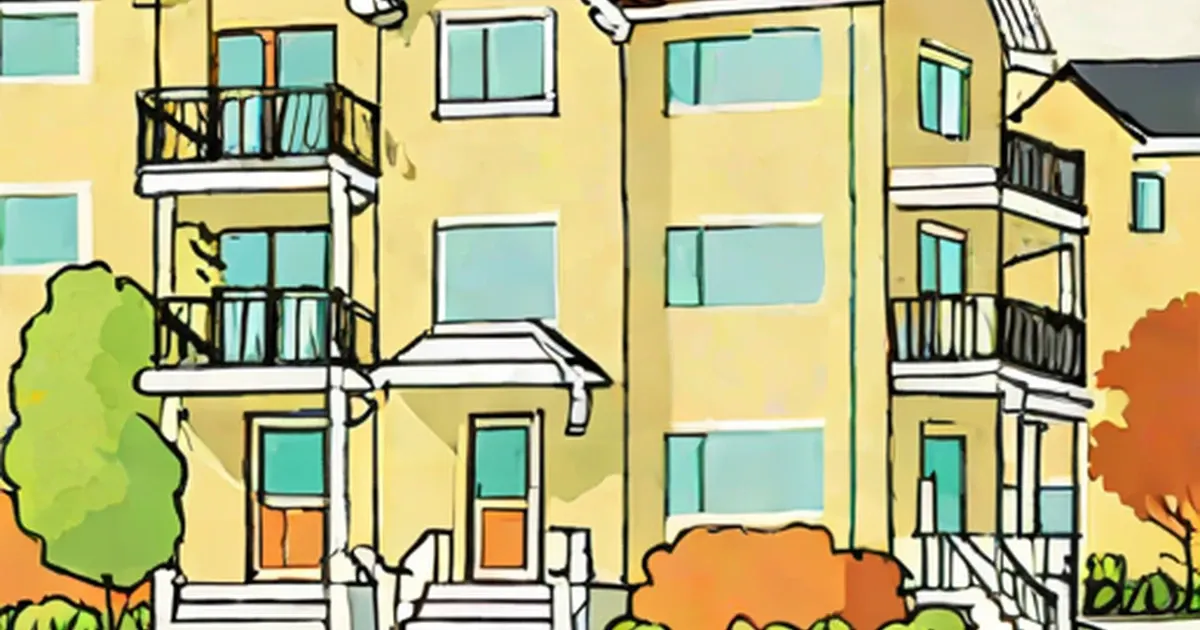 Illustration of yellow apartment buildings with multiple units and balconies surrounded by trees