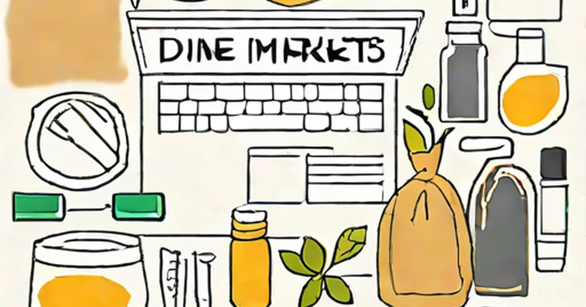 Laptop surrounded by food product jars, bottles, utensils, and money