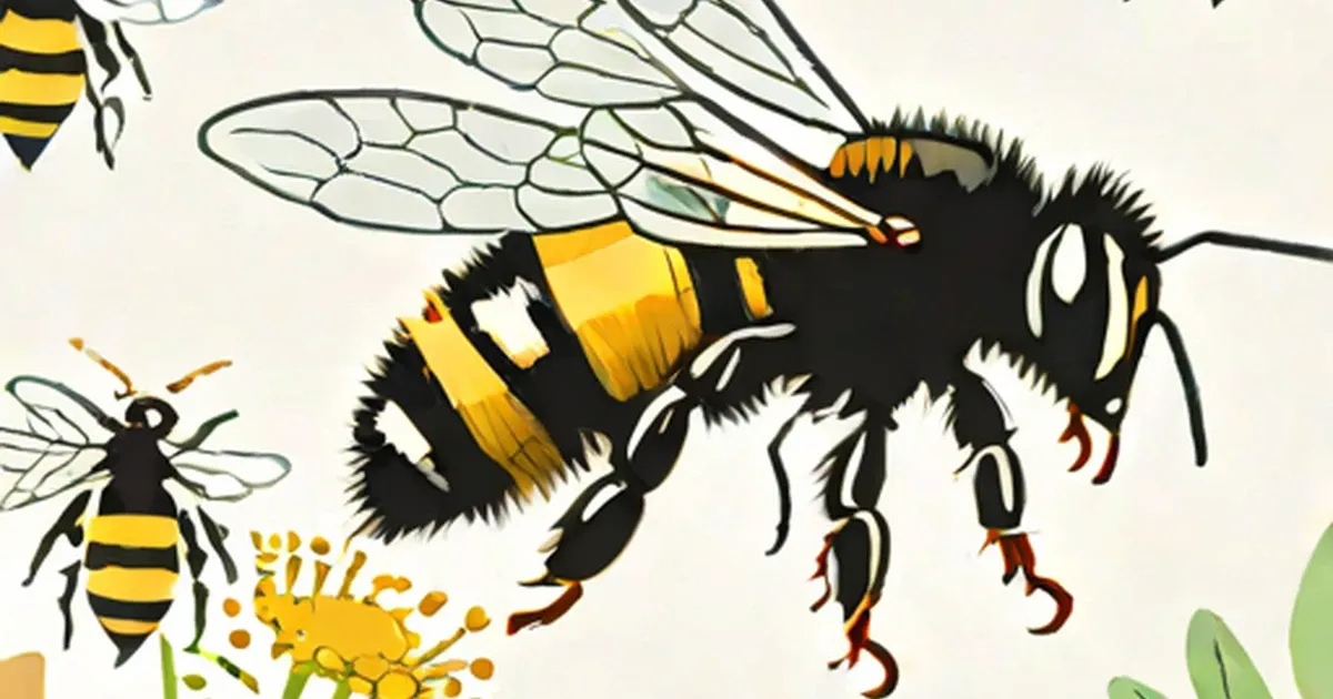 Black and yellow striped bees with transparent wings and fuzzy bodies