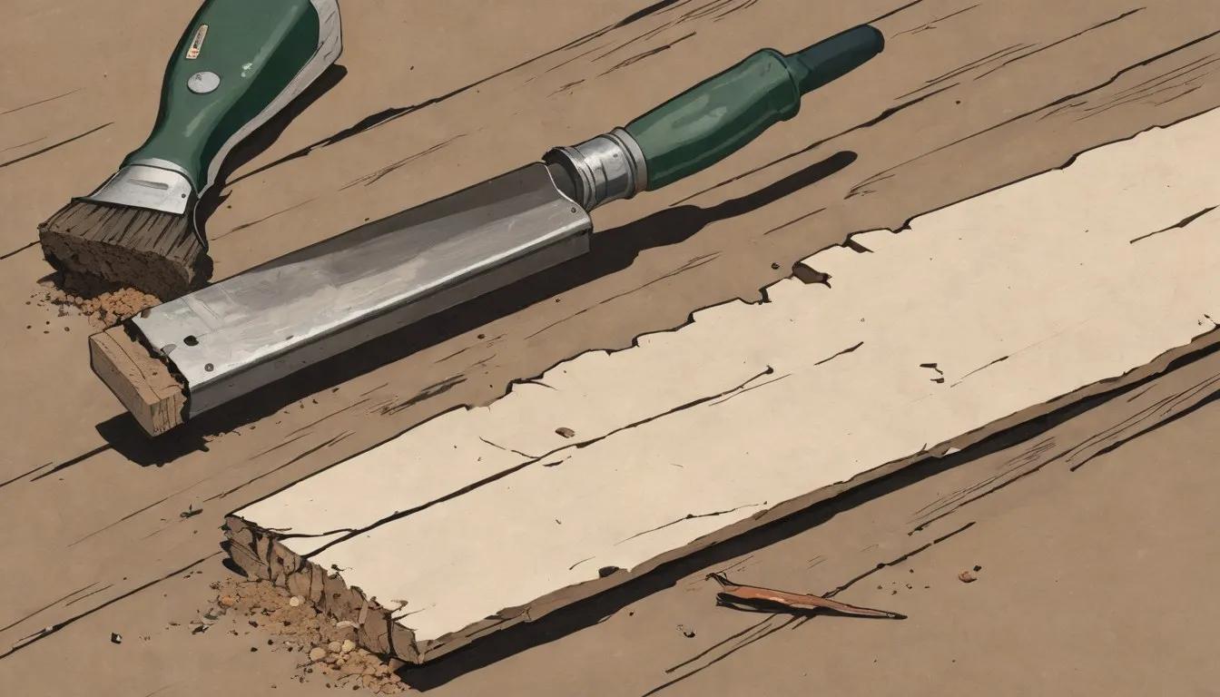 Dry-rot damaged timber surrounded by a chisel, moisture meter, wire brush, and preservative bottle on a tarp.