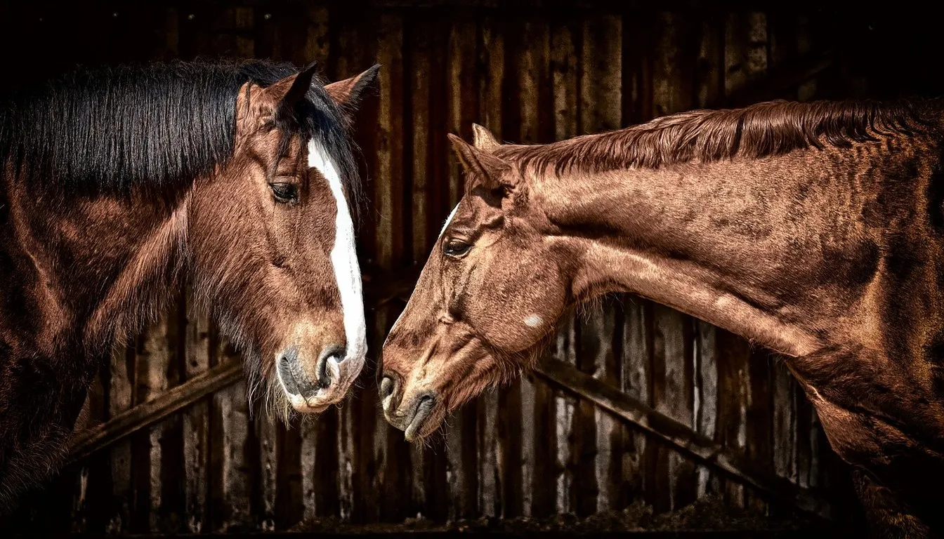 Two horses nuzzling in a stable