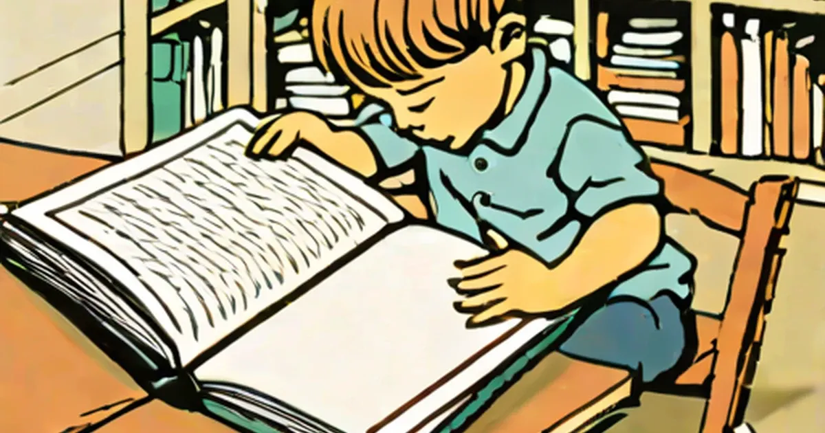 Child with yellow hair reading a book at a table with bookshelves behind