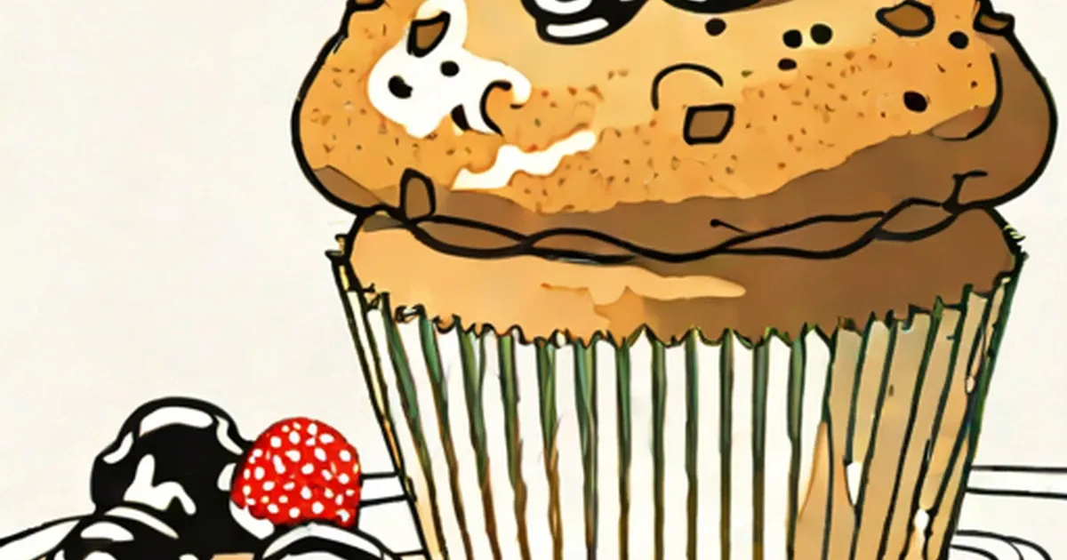 Drawn muffin with frosting, chocolate chips, and a strawberry