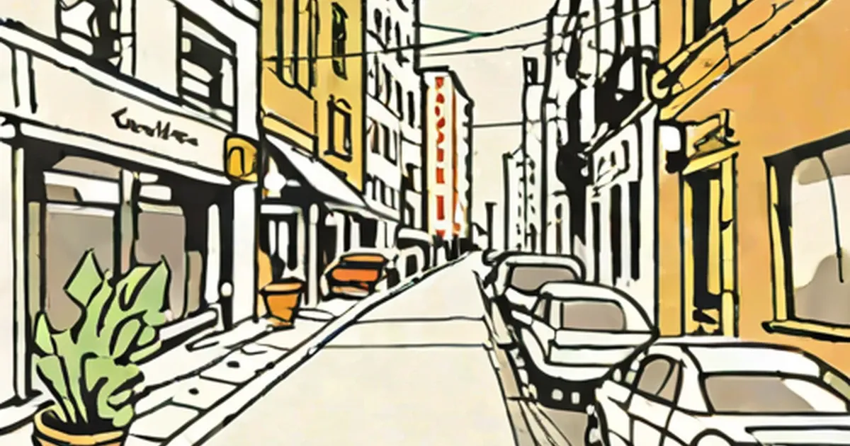 Stylized illustration of city street with parked cars and yellow buildings