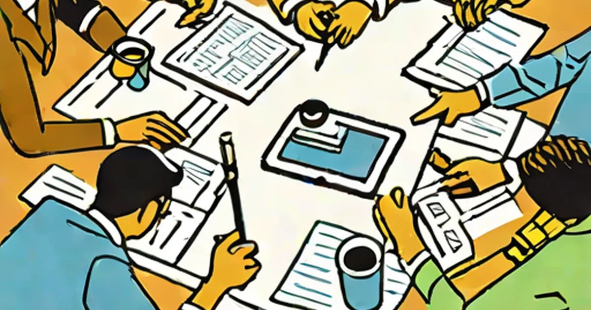 People gathered around a table reviewing documents and using a tablet together