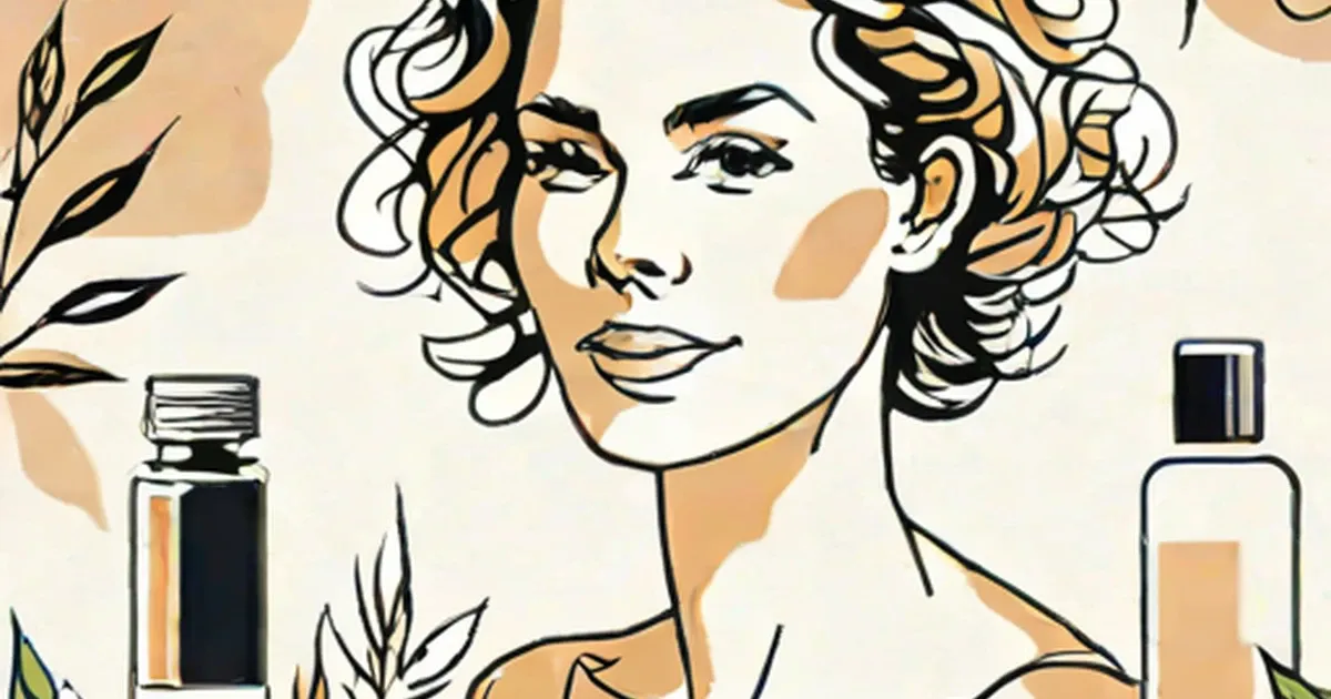 Woman with curly hair, plants, and wellness bottles depicted in line art