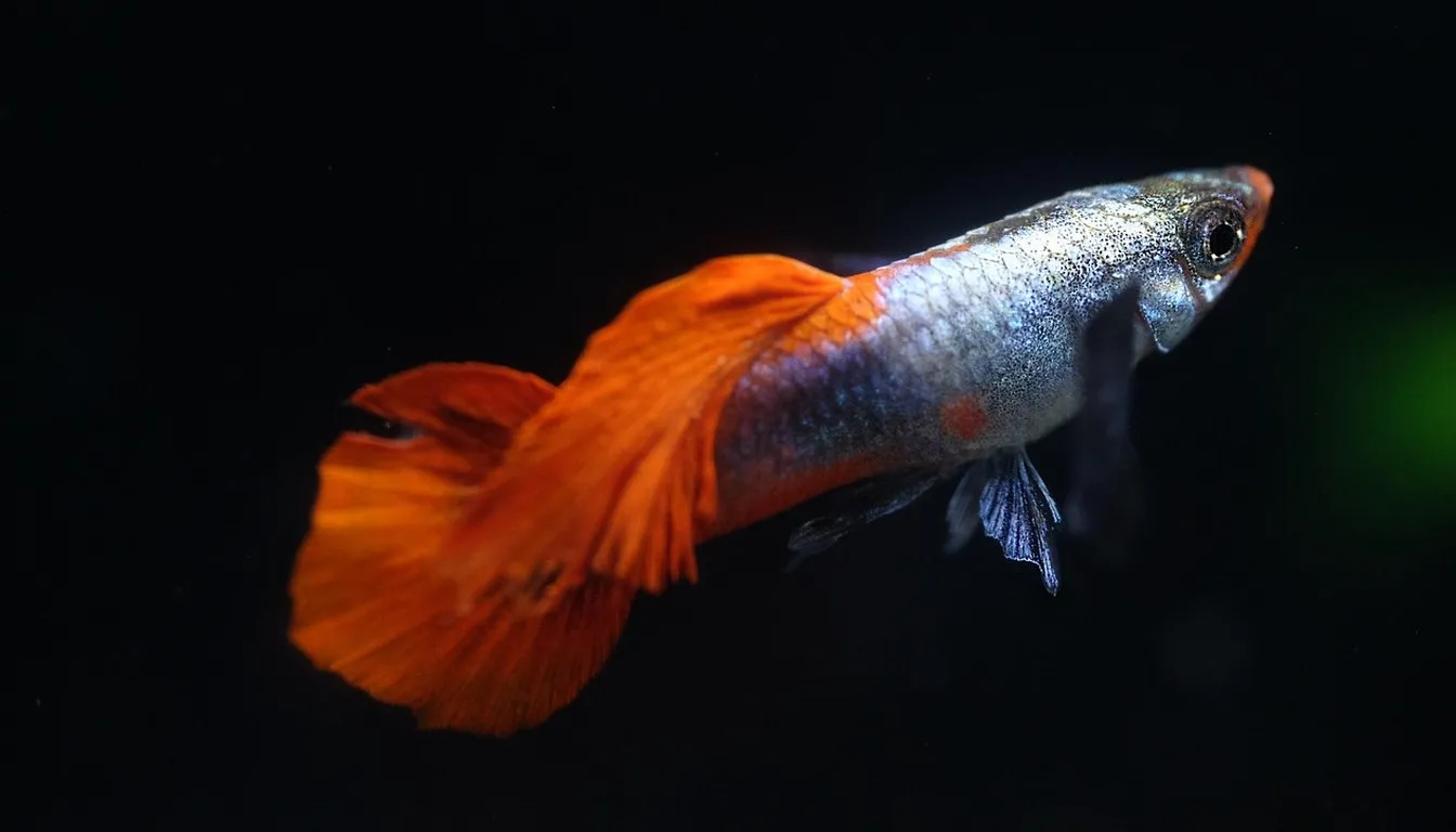 A guppy with a flowing orange tail against a dark background