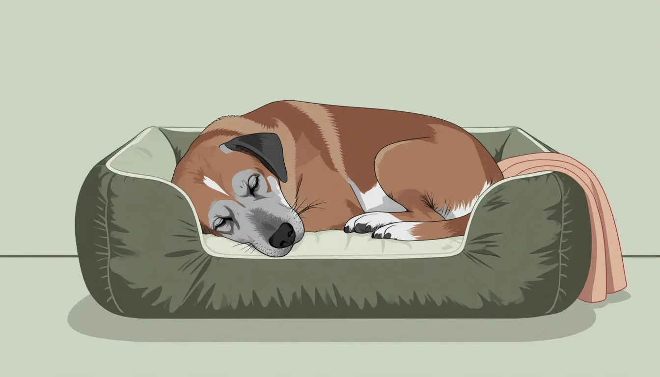 An elderly dog with a greying muzzle resting peacefully curled on a soft cushioned bed