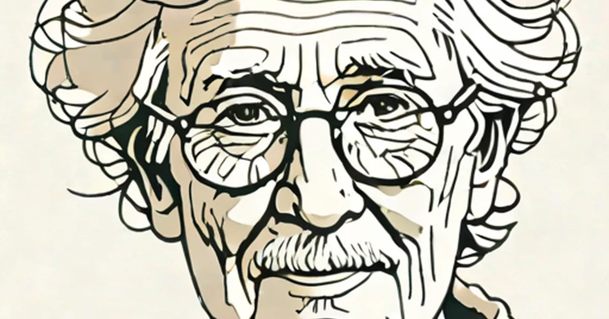 Line drawing of an older man wearing round glasses and a white beard
