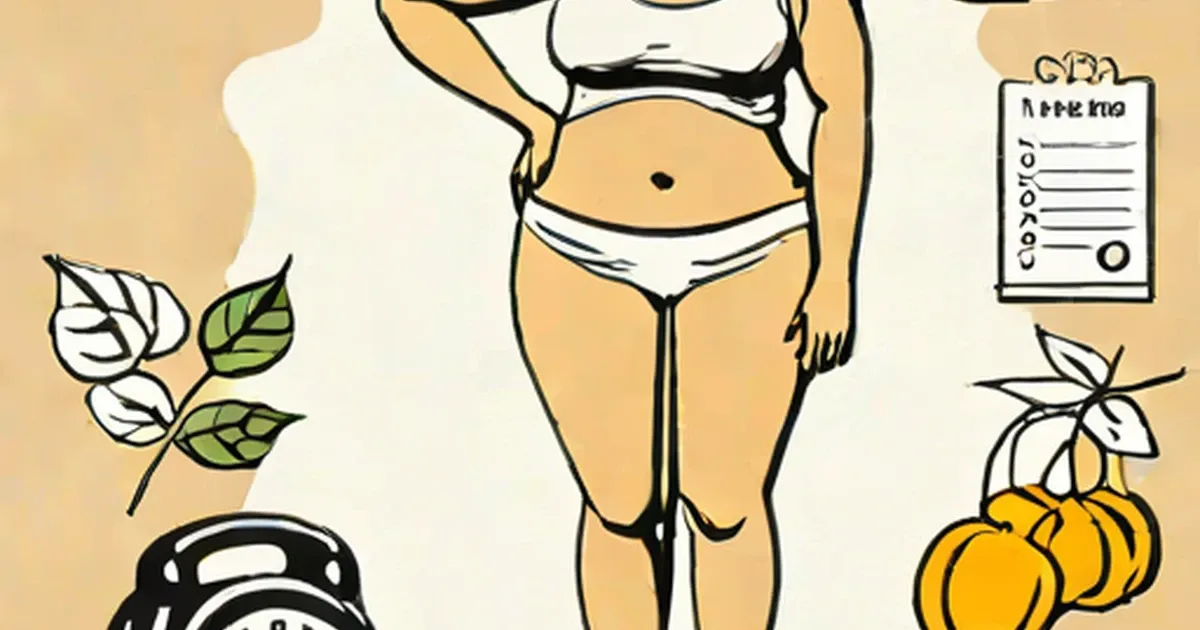 Person with defined abdomen surrounded by illustrated health icons including scale, leaves, and citrus fruit