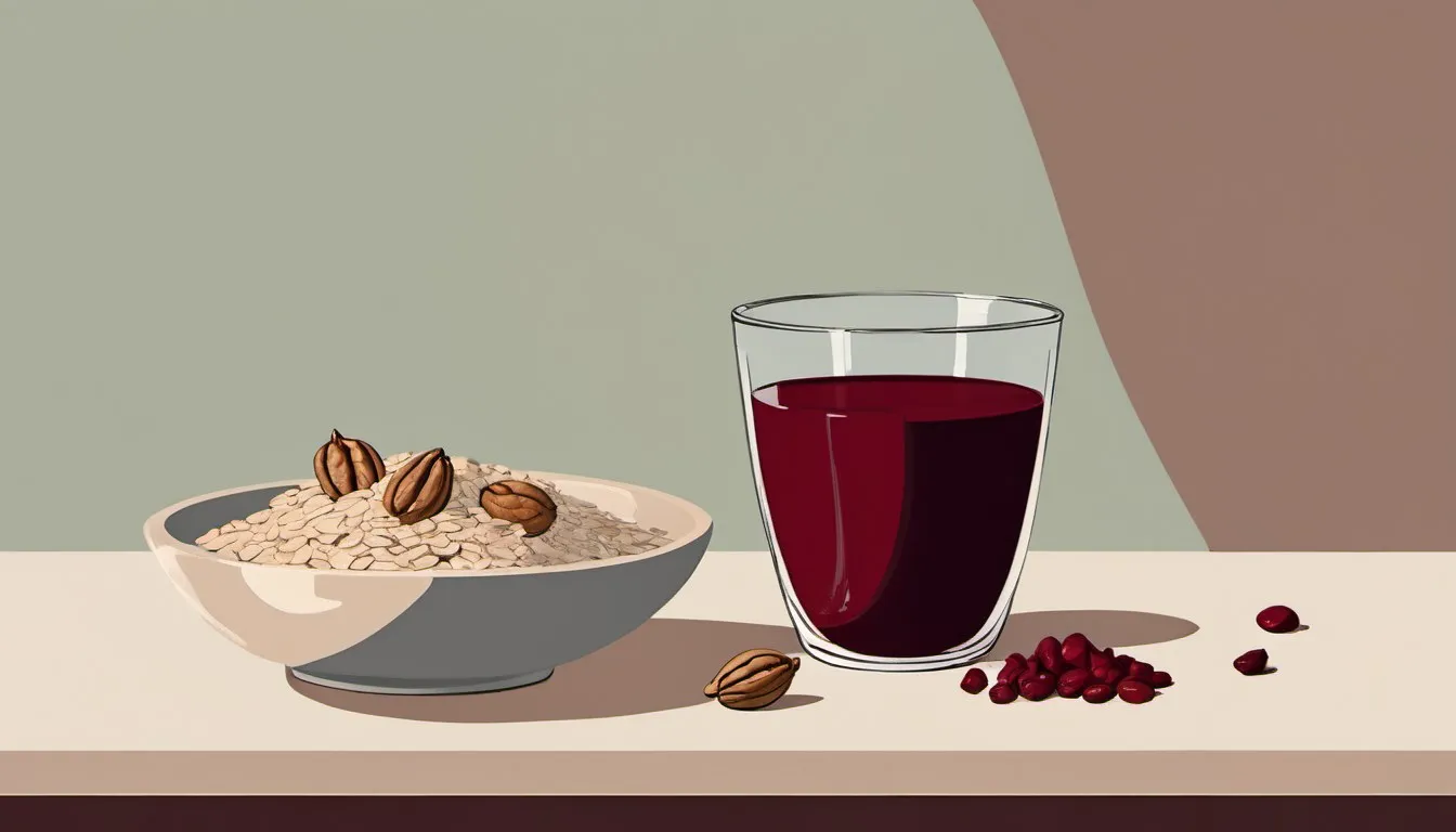 Illustration of a glass of deep red juice beside a bowl of oats, walnuts and beans, cholesterol-friendly foods
