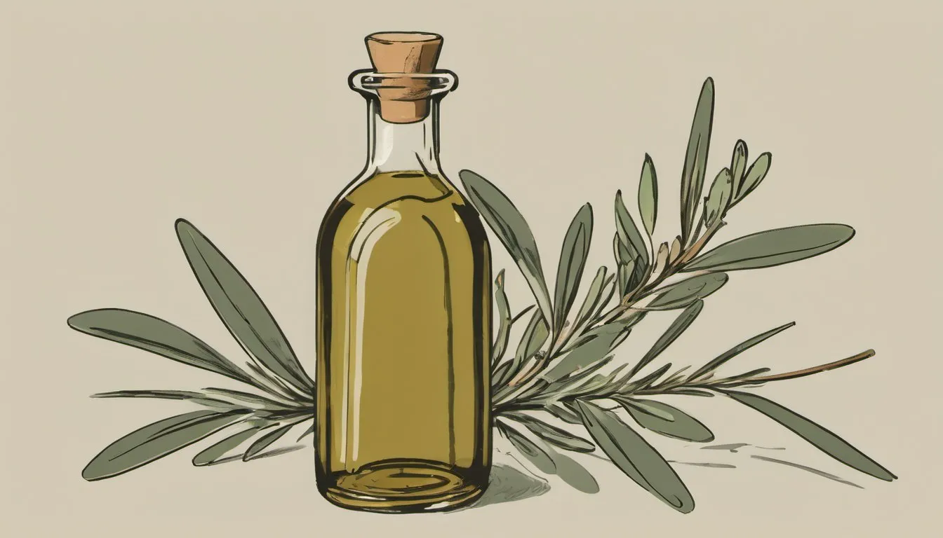 Illustration of a small bottle of olive oil beside a sprig of rosemary, symbolizing ways to lower triglycerides