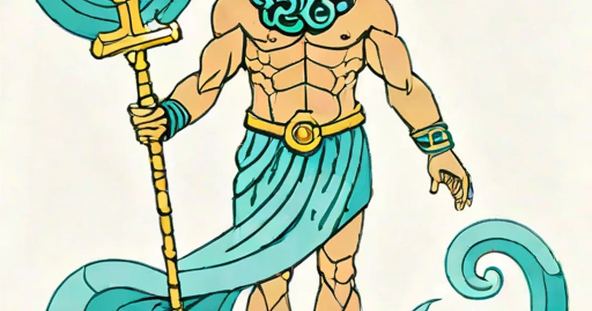 Poseidon with teal curly hair and skirt, holding a golden trident