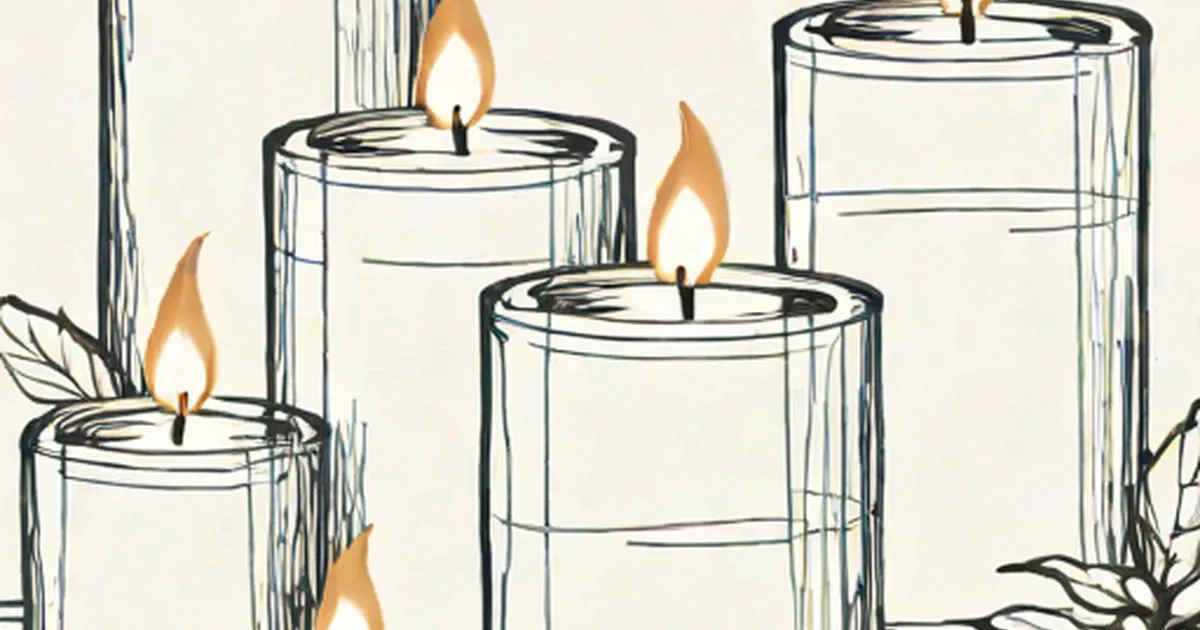 Multiple lit candles in clear glass holders with leaf accents