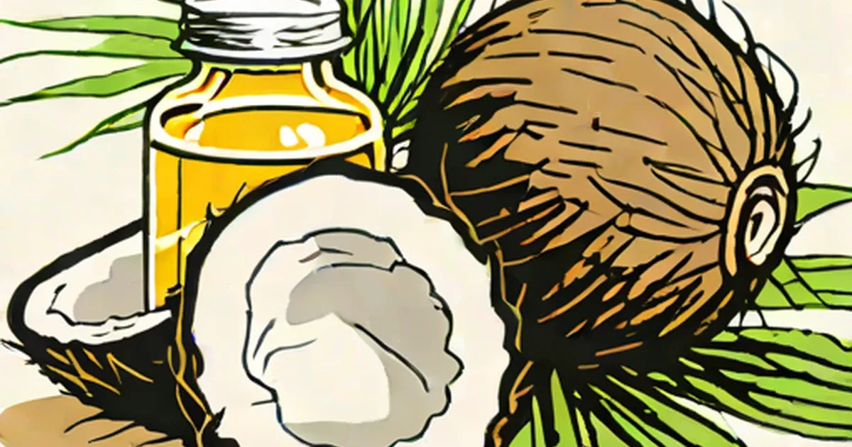 Split coconut, golden oil in a jar, and green palm fronds