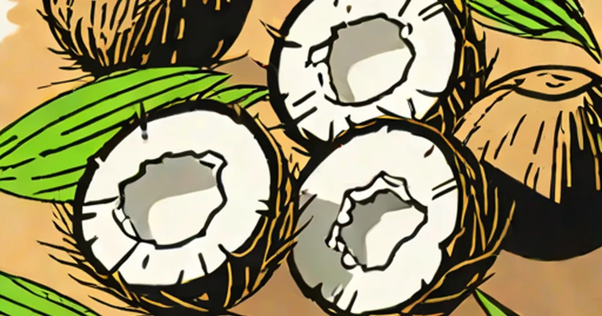 Coconut halves with white flesh and green palm leaves on tan background