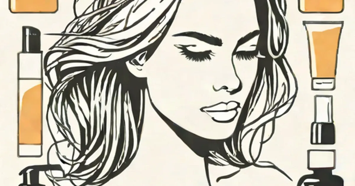 Woman’s profile with wavy hair surrounded by illustrated beauty product containers
