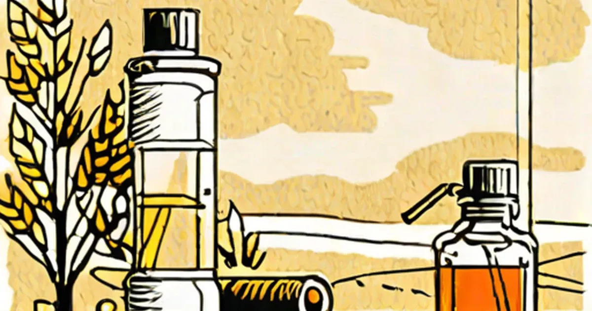 Bottles of painting oils and drying medium with a brush and botanical illustration