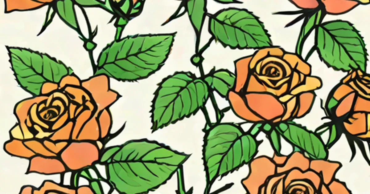 Illustrated orange roses with green leaves