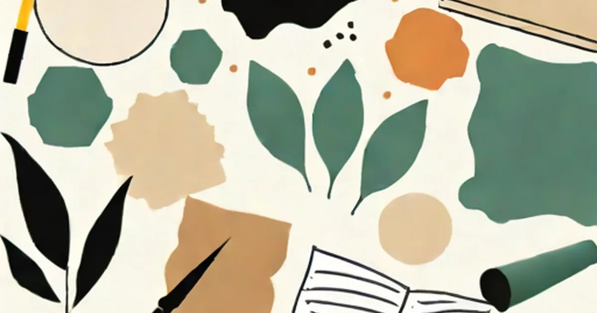 Brushes, scissors, and decorative paper shapes in green, tan, and black