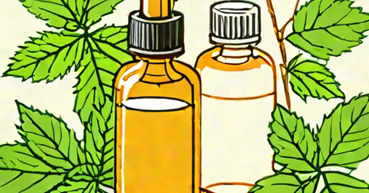Amber and clear oil bottles with black caps surrounded by bright green leaves