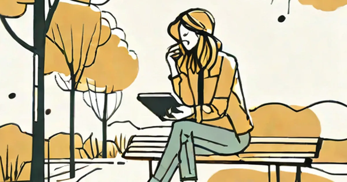 Woman in yellow jacket sitting on park bench using tablet among autumn trees
