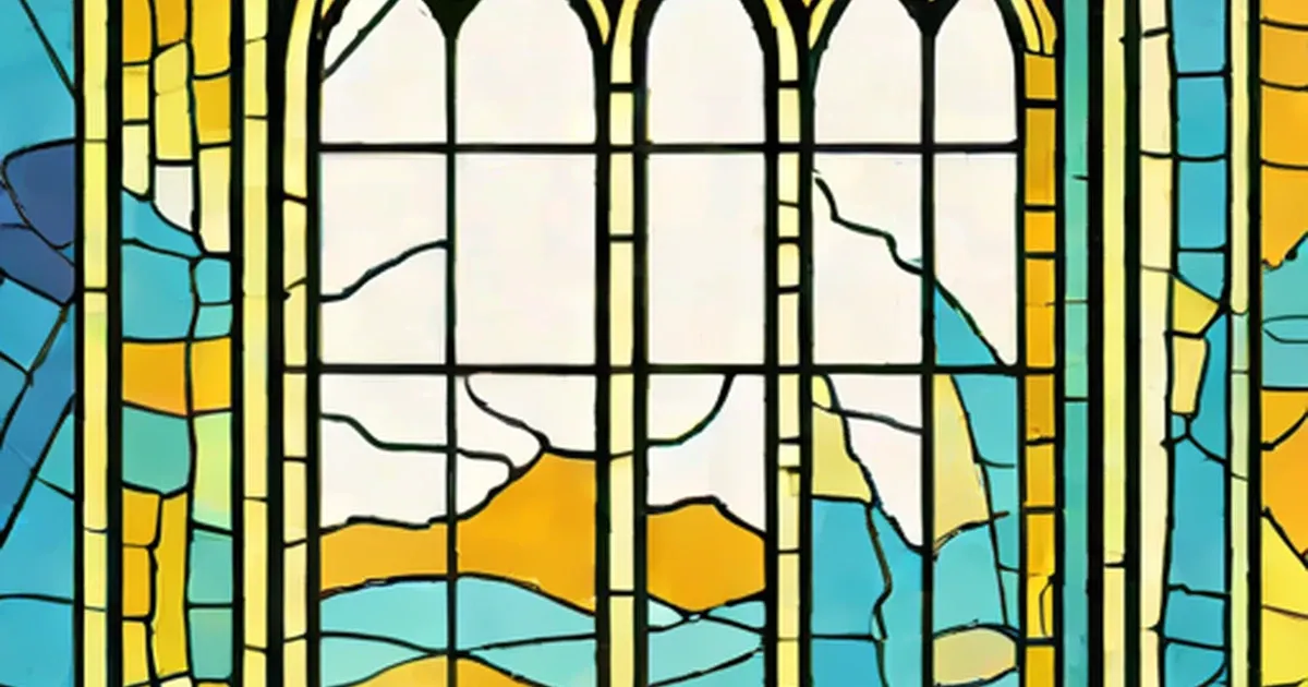 Stained glass window with blue, yellow, and turquoise panes divided by lead lines