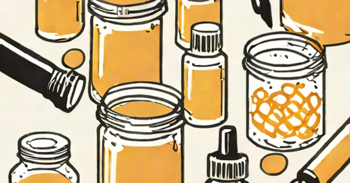 Jars of golden liquid with paintbrushes and small applicator bottles
