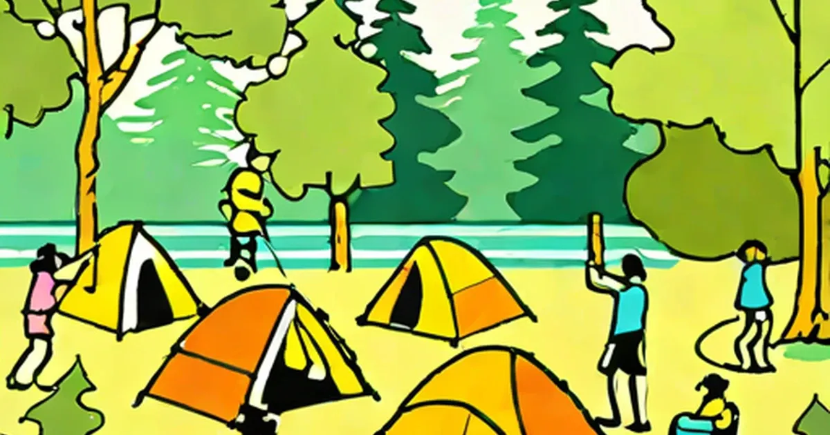 Colorful tents and campers in a forest, with children climbing and using a rope swing