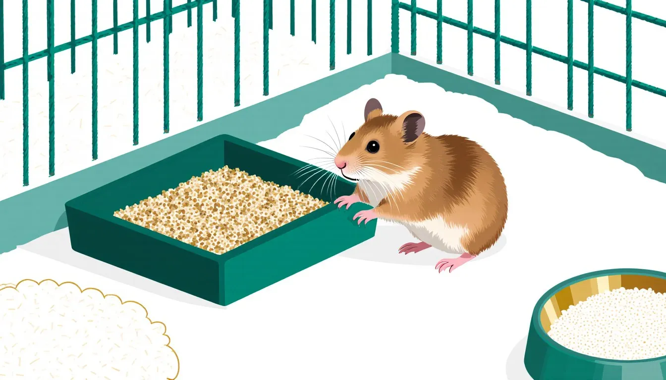 A hamster stands beside a small litter tray in the corner of its cage, illustrating hamster potty training.