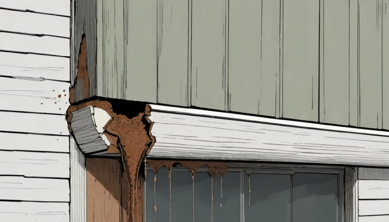 An overflowing gutter dripping onto a rotted wooden fascia board above a damp house foundation