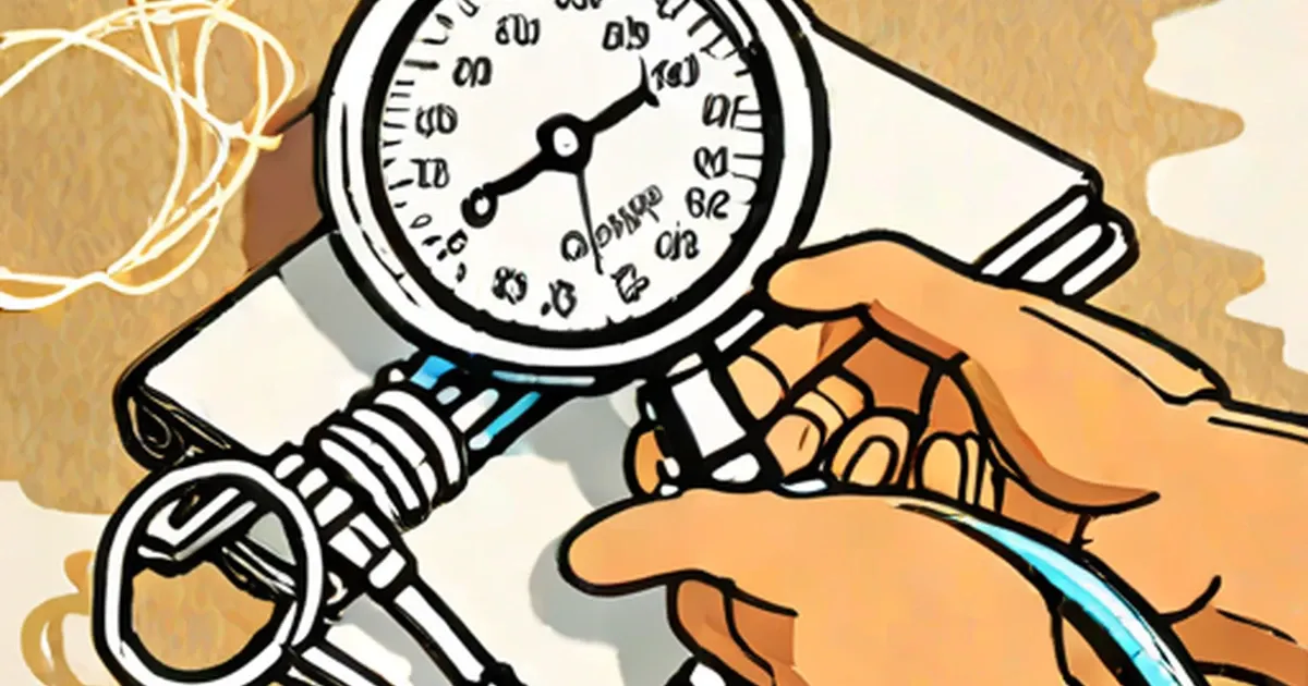 Hand holding blood pressure cuff with pump bulb and gauge