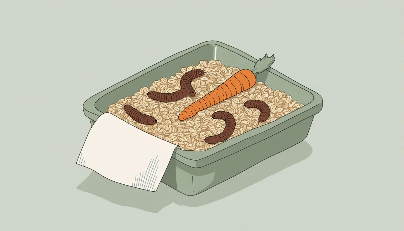 A shallow container of oat bran holding mealworm larvae and a slice of carrot for raising mealworms