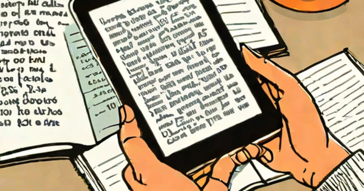 Hand holding a Kindle with text on screen, surrounded by papers and notebooks