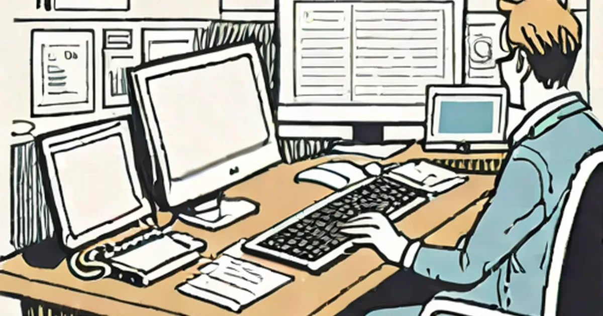 Person working at a desk with multiple computer monitors and documents