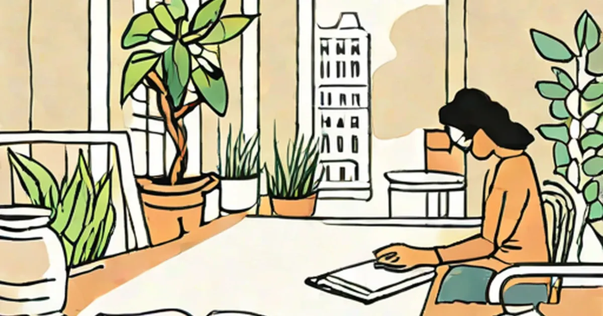 Woman at desk with laptop surrounded by potted houseplants and city view