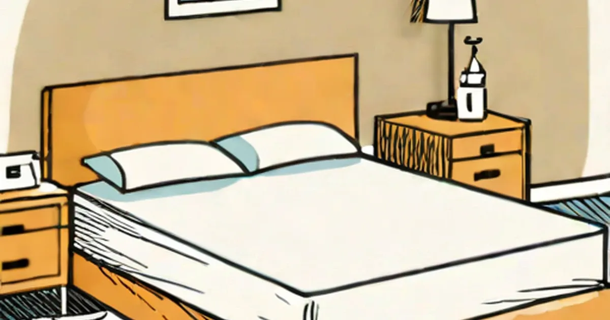 Bedroom illustration with bed, white mattress, orange headboard, and nightstands