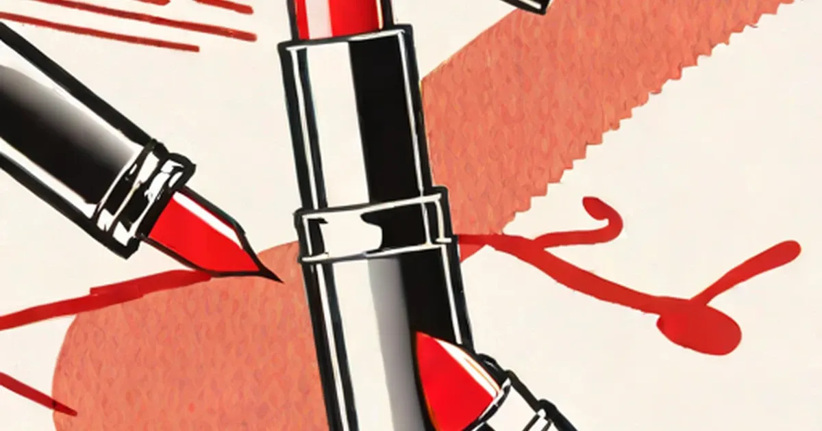 Red lipstick broken in half beside tube and paint swatches