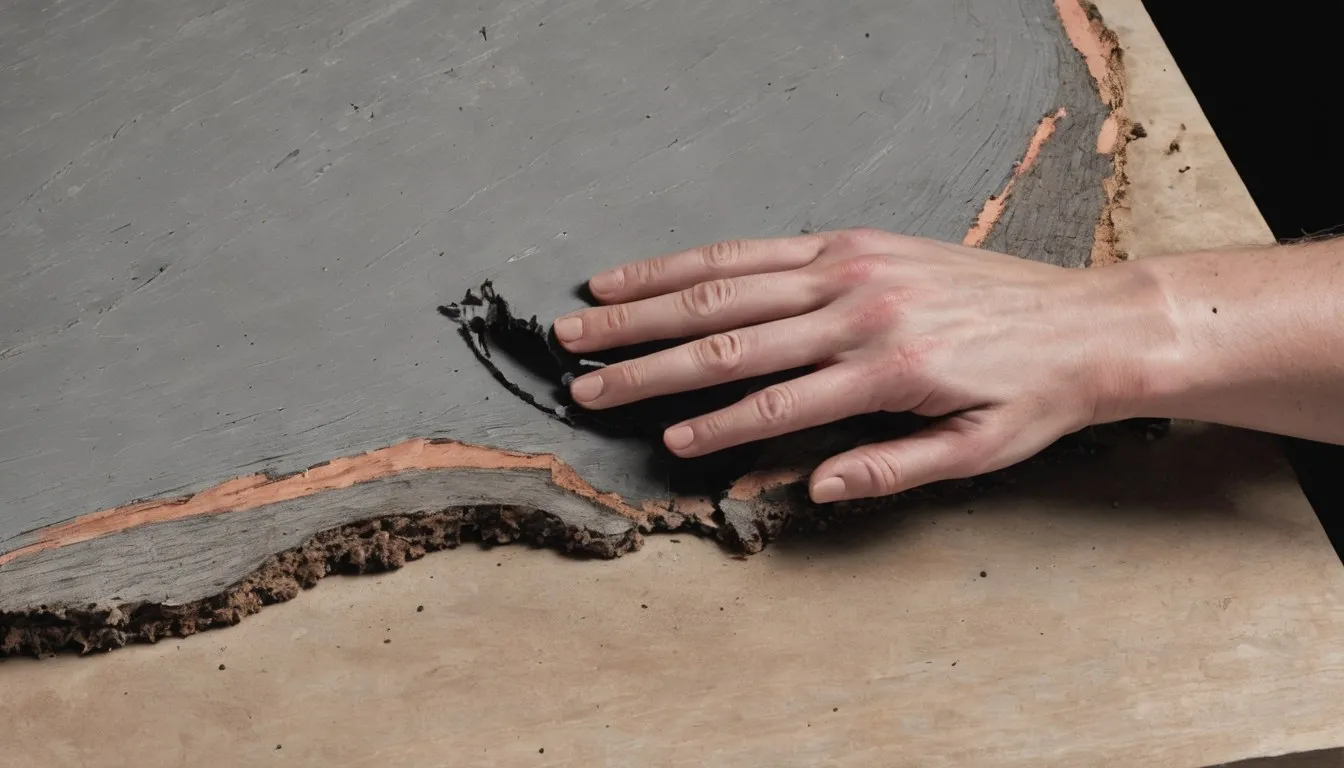 A wooden board with a rotted section carved out and filled smooth with epoxy wood filler, tools resting nearby.
