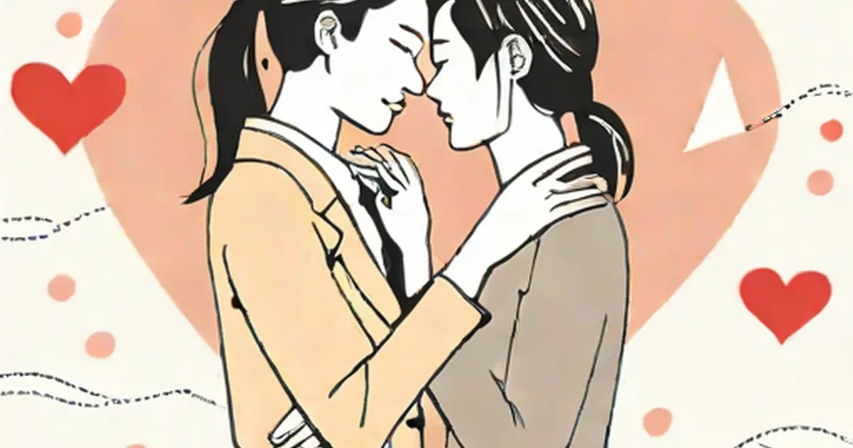 Two people in profile about to kiss, surrounded by red hearts