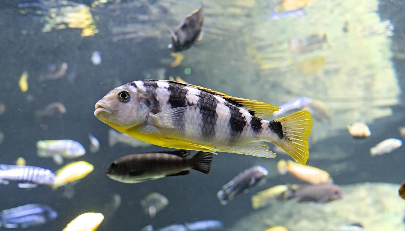 African cichlids swimming in a rocky aquarium