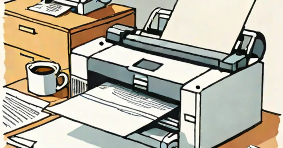 Multifunction printer on desk with stacked papers and coffee mug