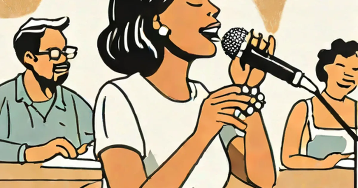 Woman singing into a microphone with judges seated at a table