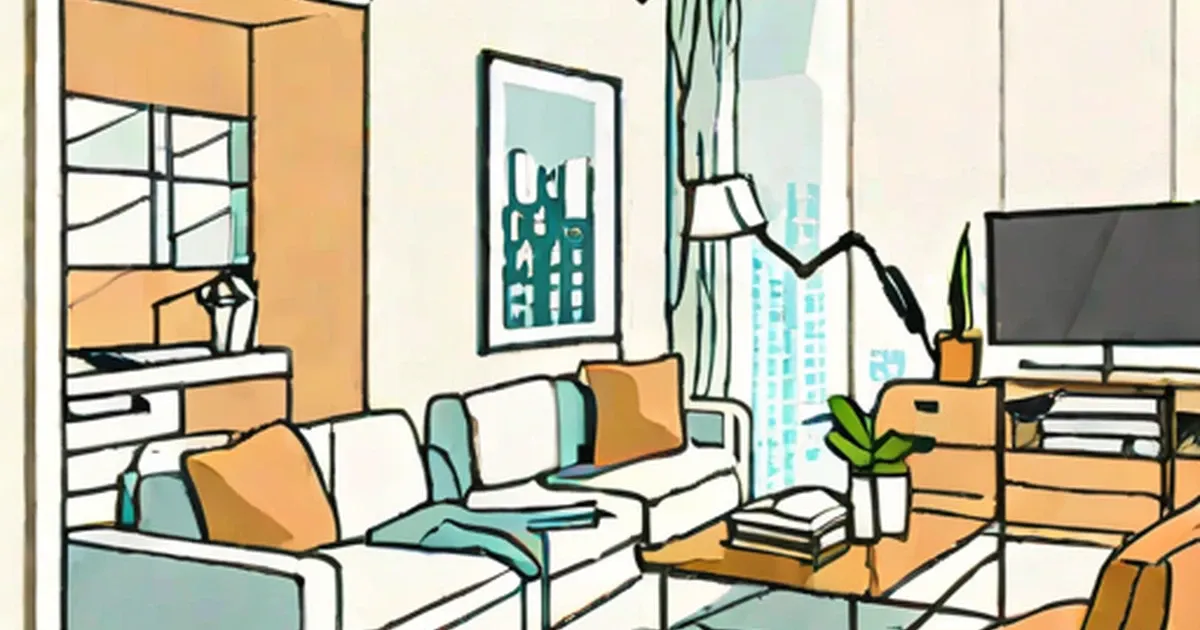 Apartment living room with sofa, desk, plants, and windows overlooking city buildings