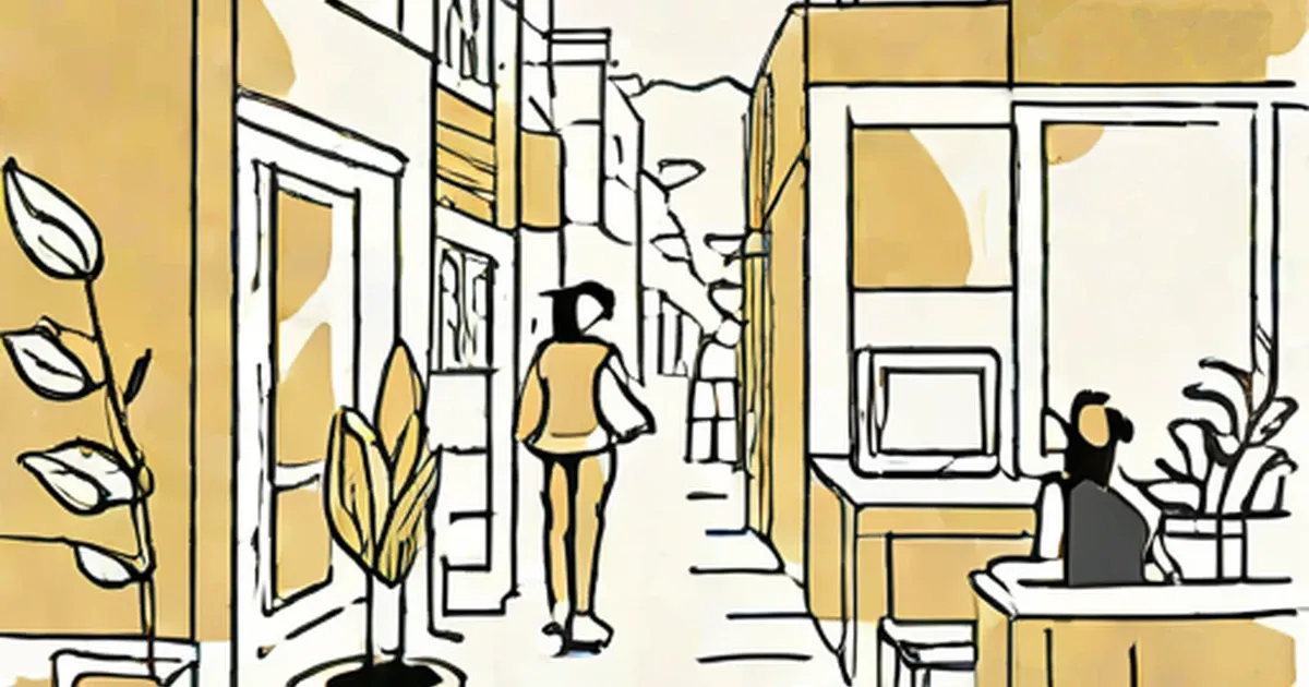 Line drawing of people and potted plants in a bright hallway