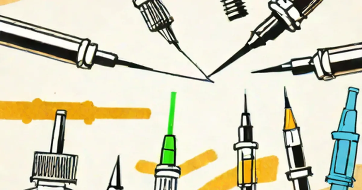 Various piercing needles and sterilization instruments in line illustration