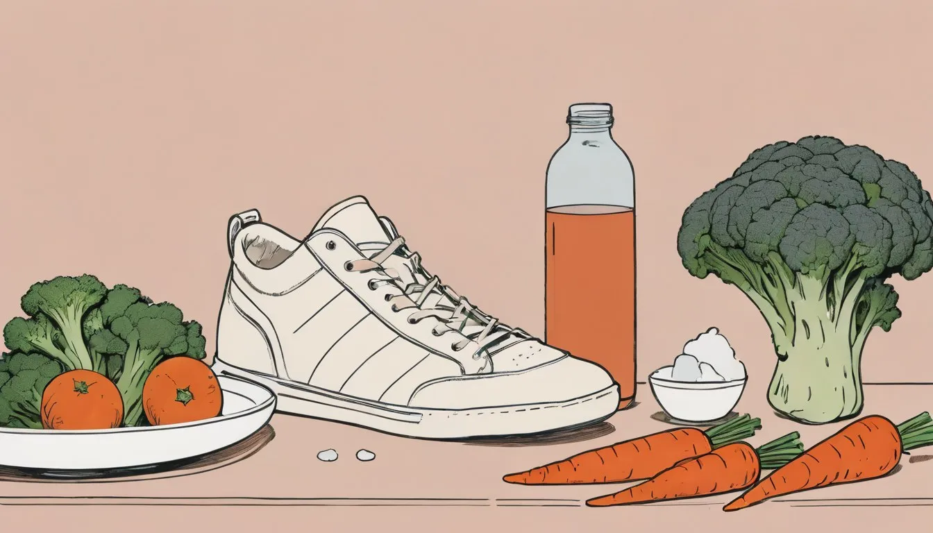 A pillow, running shoes, water glass, and vegetables arranged together, symbolizing daily immune-boosting habits.