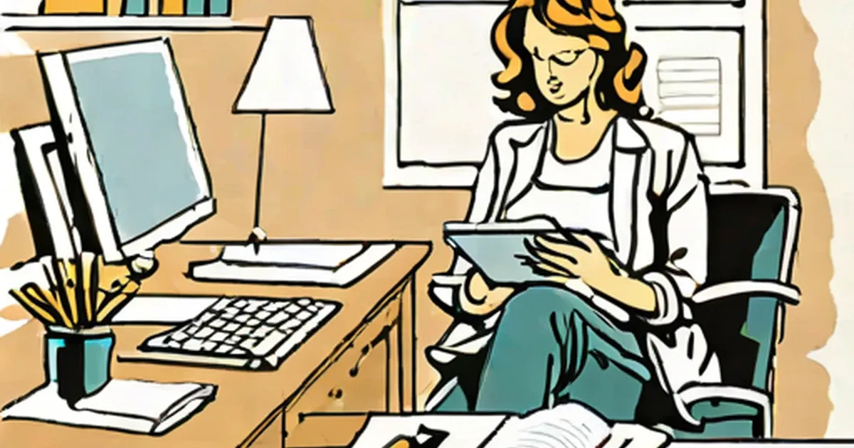 Woman at office desk working with tablet and computer